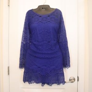 MAX STUDIO LACE LONG SLEEVE MINI DRESS BLUE SIZE S